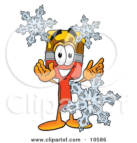 Clipart Picture of a Paint Brush Mascot Cartoon Character With Three Snowflakes in Winter by Mascot Junction