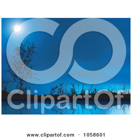 Royalty-Free Vector Clip Art Illustration of a Moon In A Blue Night Sky Over A Still Pond by dero