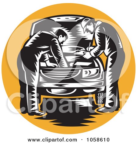 Royalty-Free Vector Clip Art Illustration of Retro Mechanics Working On An Engine Over An Orange Circle by patrimonio