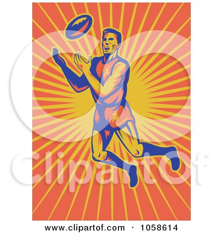 Royalty-Free Vector Clip Art Illustration of an Aussie Rugby Player Jumping To Catch A Ball by patrimonio