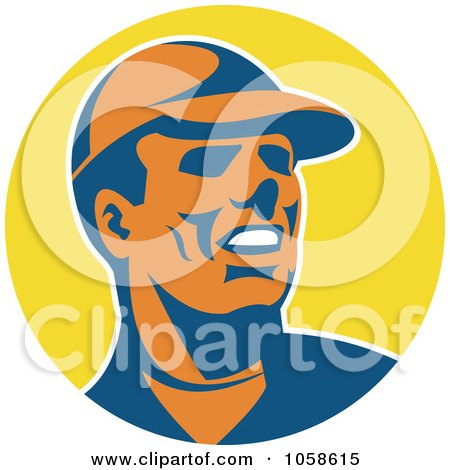Royalty-Free Vector Clip Art Illustration of a Retro Worker Man Wearing A Hat Over A Yellow Circle by patrimonio