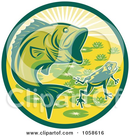 Royalty-Free Vector Clip Art Illustration of a Green Largemouth Bass And Frog Circle by patrimonio