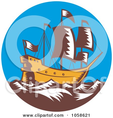 Royalty-Free Vector Clip Art Illustration of a Retro Styled Galleon Ship At Sea by patrimonio