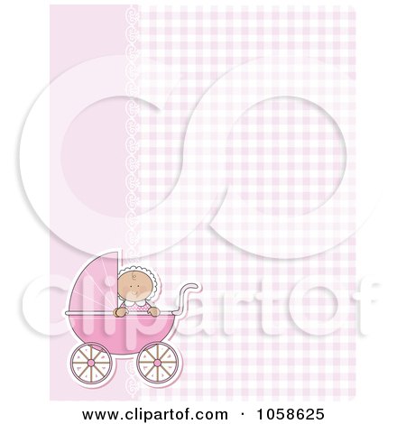 Royalty-Free Vector Clip Art Illustration of a Pink Gingham And Lace Background With A Baby Girl And Pram by Maria Bell