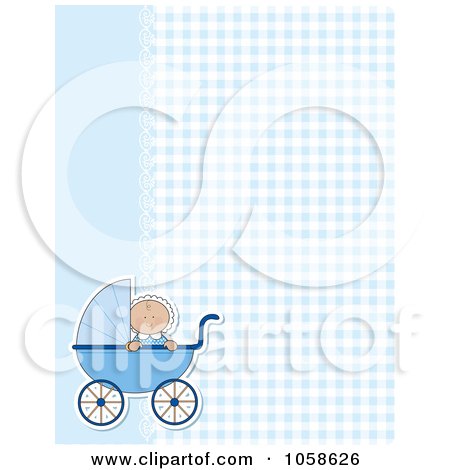 Royalty-Free Vector Clip Art Illustration of a Blue Gingham And Lace Background With A Baby Boy And Pram by Maria Bell
