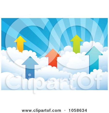 Royalty-Free Vector Clip Art Illustration of Profit Arrows In Puffy Clouds Under Rays by Qiun
