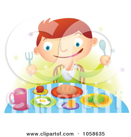 Royalty-Free Vector Clip Art Illustration of a Hungry Boy With A Feast At A Table by Qiun