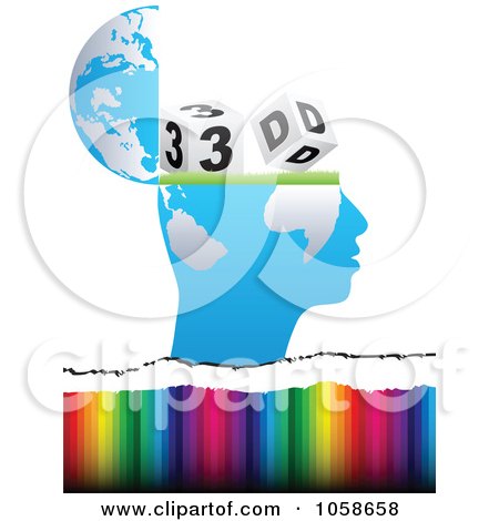 Royalty-Free Vector Clip Art Illustration of an Open Blue Globe Mind With 3d Cubes Over Rainbow Stripes by Andrei Marincas