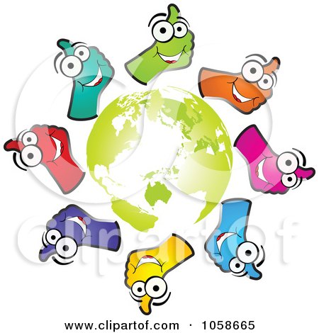 Royalty-Free Vector Clip Art Illustration of Colorful Thumb Up Hands Around A Green Globe by Andrei Marincas