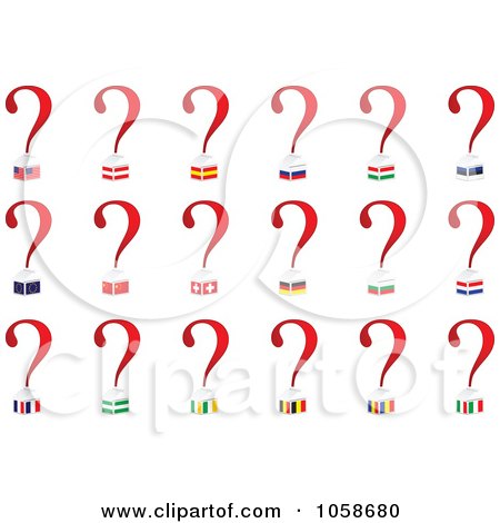 Royalty-Free Vector Clip Art Illustration of a Digital Collage Of National Flag Houses With Question Marks by Andrei Marincas