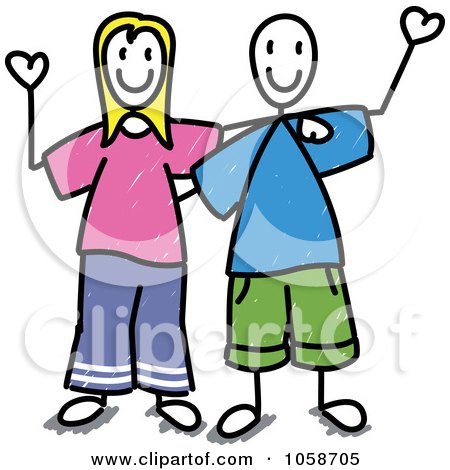 Royalty-Free Vector Clip Art Illustration of a Stick Couple Waving by Frog974