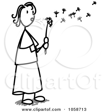 Royalty-Free Vector Clip Art Illustration of a Stick Woman Blowing A Dandelion by Frog974