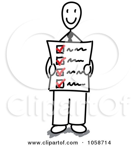 Royalty-Free Vector Clip Art Illustration of a Happy Stick Businessman Holding A Check List by Frog974