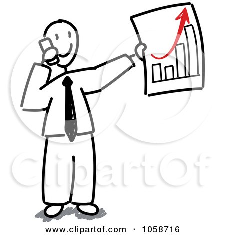 Royalty-Free Vector Clip Art Illustration of a Stick Businessman Talking On A Phone And Holding A Growth Bar Graph by Frog974