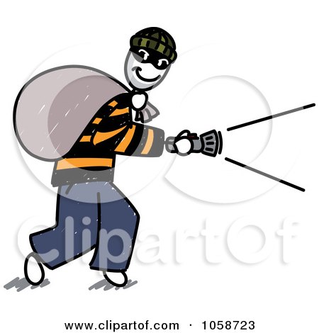 Royalty-Free Vector Clip Art Illustration of a Stick Burglar Carrying A Bag by Frog974