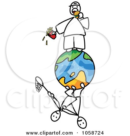Royalty-Free Vector Clip Art Illustration of a Stick Man Eating Junk Food On Top Of The World by Frog974