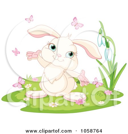 Royalty-Free Vector Clip Art Illustration of a White Spring Rabbit With Flowers And Butterflies by Pushkin