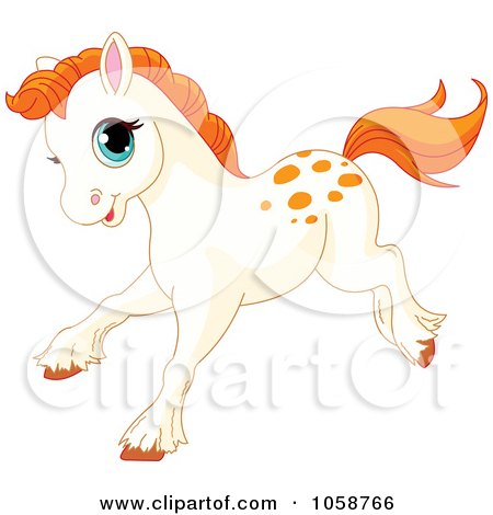Royalty-Free Vector Clip Art Illustration of a Running Freckled White Pony With Orange Hair by Pushkin