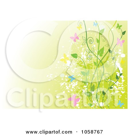 Royalty-Free Vector Clip Art Illustration of a Grungy Spring Time Background Of Vines And Butterflies On Green by Pushkin
