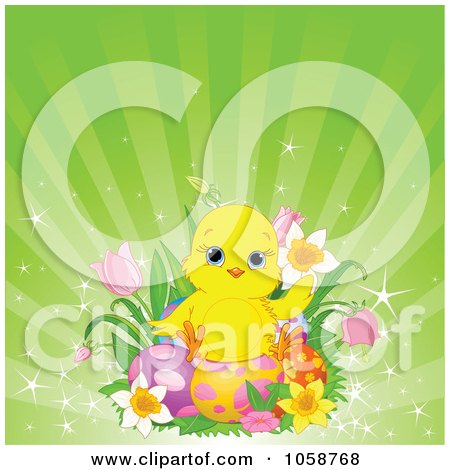 Royalty-Free Vector Clip Art Illustration of a Cute Chick Sitting On Easter Eggs And Flowers, Over Green Rays by Pushkin
