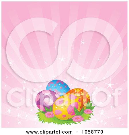 Royalty-Free Vector Clip Art Illustration of Decorated Easter Eggs Over Pink Rays by Pushkin