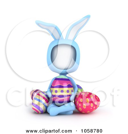 Royalty-Free CGI Clip Art Illustration of a 3d Ivory Man In A Bunny Costume, Seated With Easter Eggs by BNP Design Studio