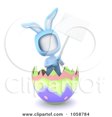 Royalty-Free CGI Clip Art Illustration of a 3d Ivory Man Wearing A Bunny Custume In An Easter Egg Shell With A Blank Sign by BNP Design Studio