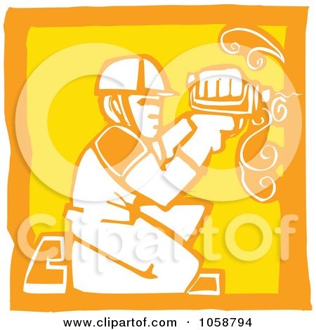Royalty-Free Vector Clip Art Illustration of an Orange And Yellow Woodcut Styled Carpenter by xunantunich