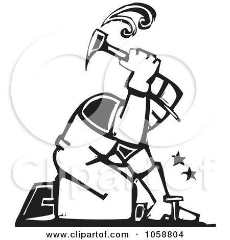 Royalty-Free Vector Clip Art Illustration of a Black And White Woodcut Styled Roofer by xunantunich
