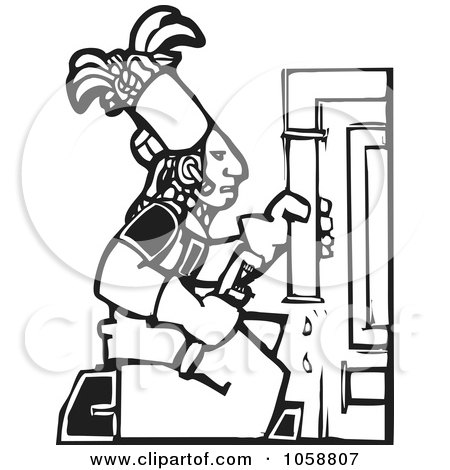 Royalty-Free Vector Clip Art Illustration of a Black And White Woodcut Styled Mayan Plumber by xunantunich