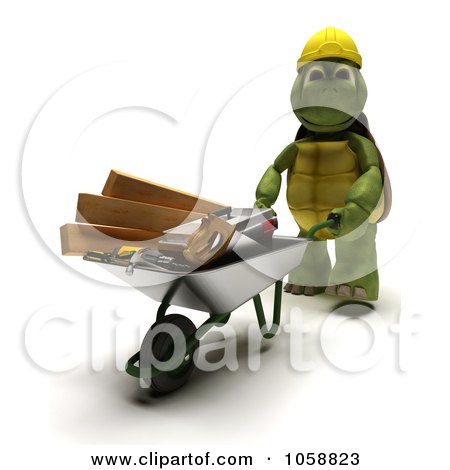 Royalty-Free CGI Clip Art Illustration of a 3d Tortoise Builder Pushing Tools In A Wheelbarrow by KJ Pargeter