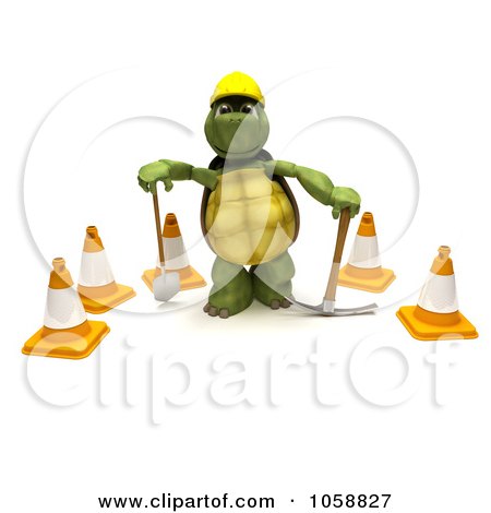 Royalty-Free CGI Clip Art Illustration of a 3d Tortoise Construction Worker With Cones by KJ Pargeter
