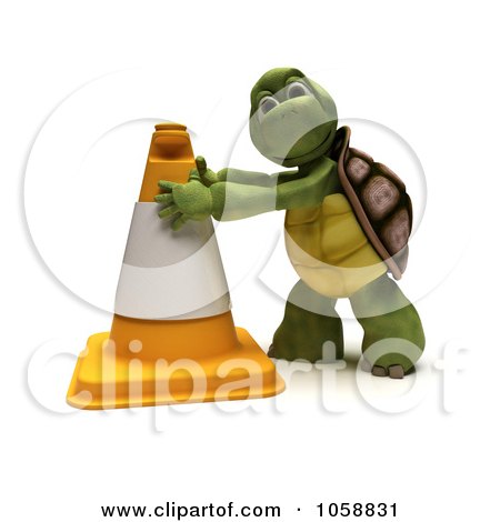Royalty-Free CGI Clip Art Illustration of a 3d Tortoise Construction Worker Moving A Cone by KJ Pargeter