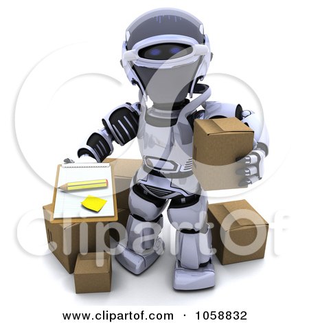 Royalty-Free CGI Clip Art Illustration of a 3d Robot Holding A Box And Clipboard by KJ Pargeter