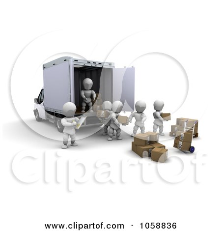 Royalty-Free CGI Clip Art Illustration of 3d White Characters Working Together To Load A Van With Boxes by KJ Pargeter