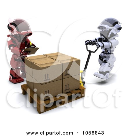 Royalty-Free CGI Clip Art Illustration of a 3d Robot Supervising A Worker Pullking Boxes by KJ Pargeter