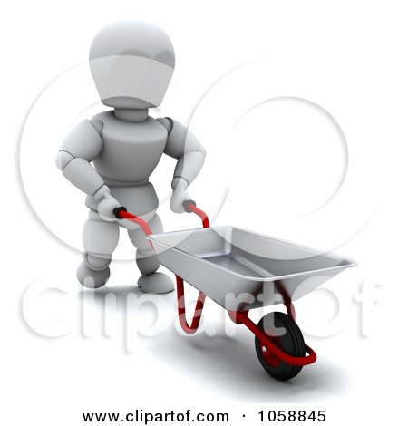 Royalty-Free CGI Clip Art Illustration of a 3d White Character Gardener Pushing A Wheelbarrow by KJ Pargeter