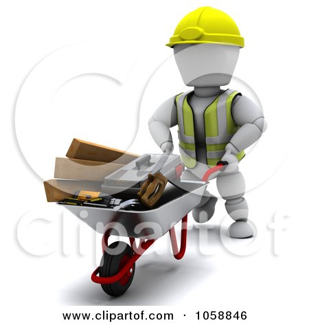 Royalty-Free CGI Clip Art Illustration of a 3d White Character Builder Pushing A Wheelbarrow Of Tools by KJ Pargeter