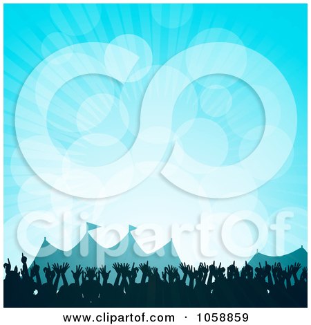 Royalty-Free Vector Clip Art Illustration of a Concert Crowd Of Hands Near Tents At A Festival, Over Blue With Flares by elaineitalia