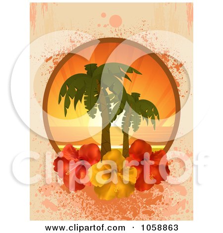 Royalty-Free Vector Clip Art Illustration of a Hibiscus Flower Frame With Palm Trees At Sunset, Over Grungy Pink by elaineitalia
