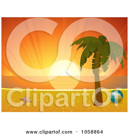 Royalty-Free Vector Clip Art Illustration of a Deep Orange Sunset Over A Tropical Beach Horizon by elaineitalia