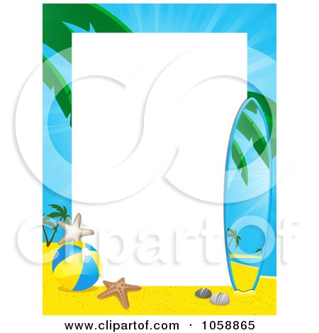 Royalty-Free Vector Clip Art Illustration of a Tropical Beach And Surf Board Frame With Copyspace by elaineitalia