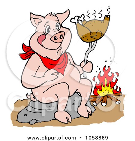 Royalty-Free Vector Clip Art Illustration of a Pig Roasting A Chicken Over A Fire by LaffToon