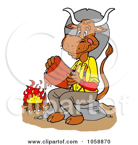 Royalty-Free Vector Clip Art Illustration of a Hungry Cow Eating Ribs By A Fire by LaffToon