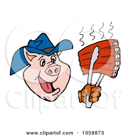 Royalty-Free Vector Clip Art Illustration of a Cowboy Pig Holding Up Rips With A Spatula by LaffToon