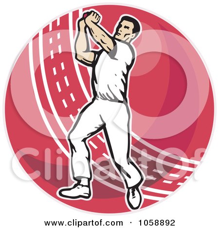 Royalty-Free Vector Clip Art Illustration of a Cricket Bowler Over A Red Ball by patrimonio