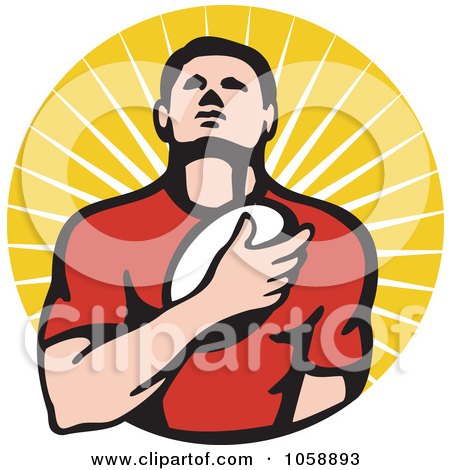 Royalty-Free Vector Clip Art Illustration of a Rugby Player Holding A Ball To His Chest, Over Rays by patrimonio