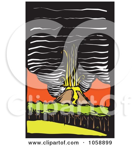 Royalty-Free Vector Clip Art Illustration of a Woodcut Styled Erupting Volcano by xunantunich