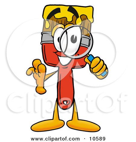 Clipart Picture of a Paint Brush Mascot Cartoon Character Looking Through a Magnifying Glass by Mascot Junction