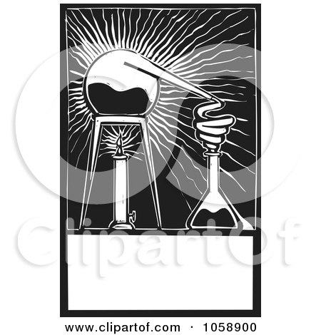 Royalty-Free Vector Clip Art Illustration of a Black And White Woodcut Styled Electric Science Experiment by xunantunich